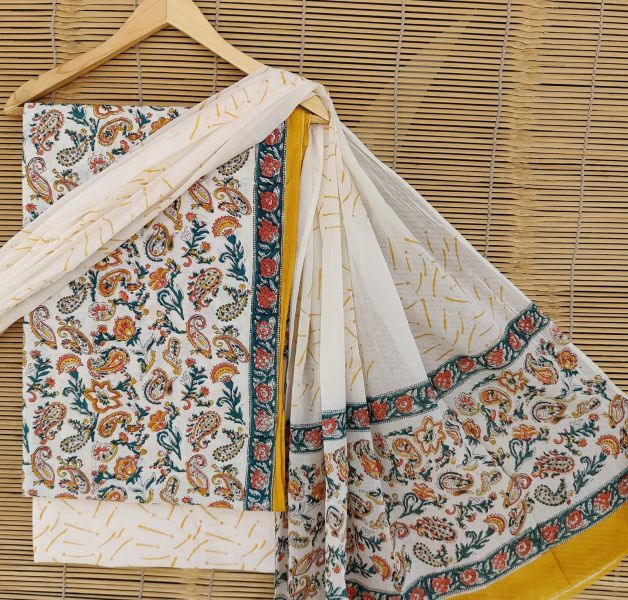 Multicolor Hand Block Printed Cotton Suit And Pant And Dupatta
