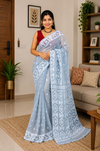 Sky Blue Pure Handloom Dhakai Jamdani Saree From Bengal
