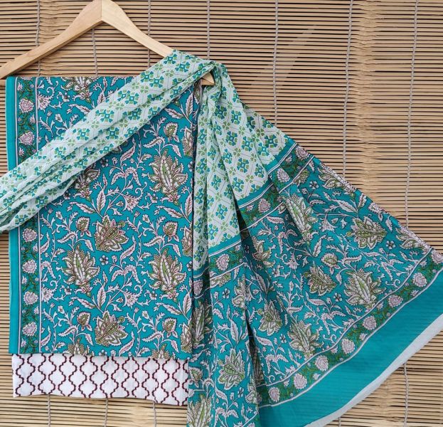 Multicolor Hand Block Printed Cotton Suit And Pant And Dupatta