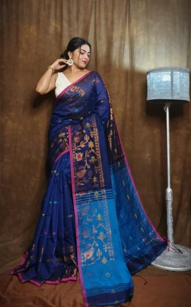 Blue Silk Cotton Pure Handloom Cotton Saree