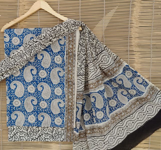 Blue White Black Hand Block Printed Cotton Suit And Pant And Dupatta