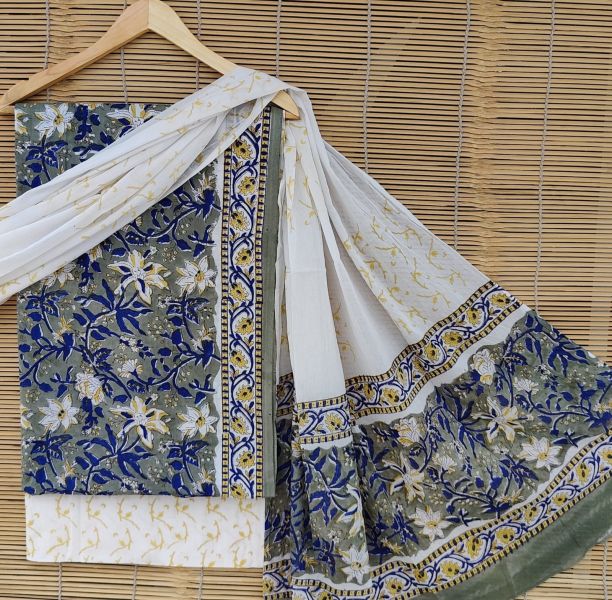 Blue Grey White Hand Block Printed Cotton Suit And Pant And Dupatta