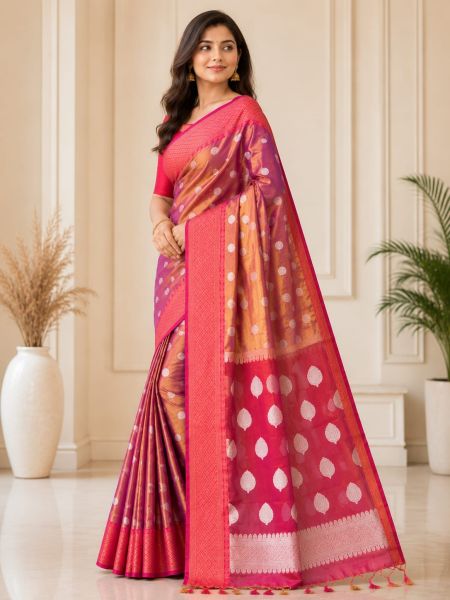 Pink Pure Handloom Silk Tissue Saree From Bengal