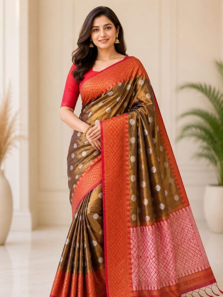 Dark Mustard Pure Handloom Silk Tissue Saree From Bengal