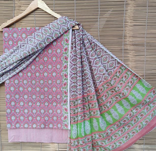 Pink White Hand Block Printed Cotton Suit And Pant And Dupatta