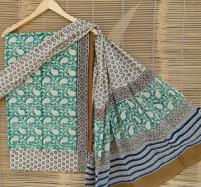 Green White Black Hand Block Printed Cotton Suit And Pant And Dupatta