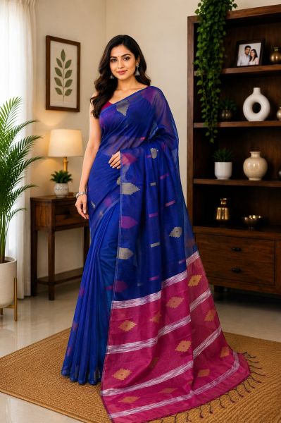 Royal Blue Pure Handloom Silk Cotton Saree From Bengal