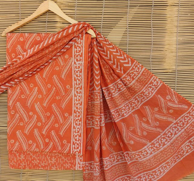 Peach White Hand Block Printed Cotton Suit And Pant And Dupatta