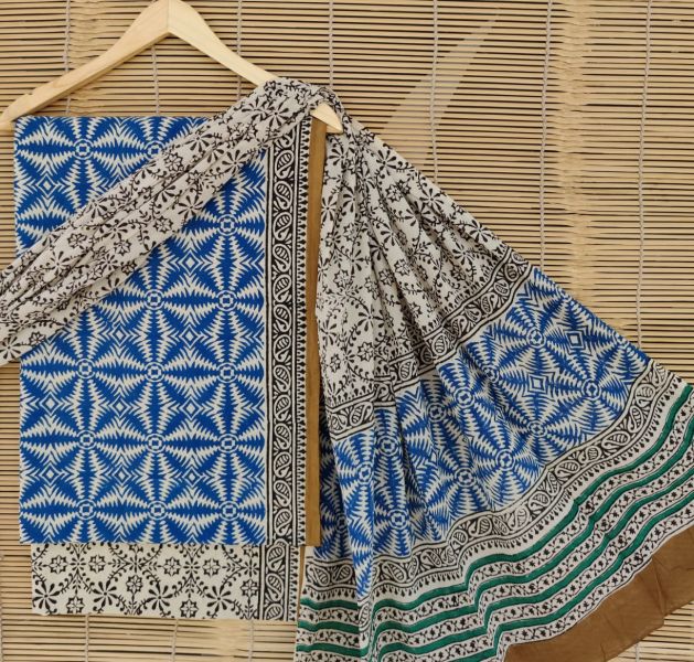 Black Blue White Hand Block Printed Cotton Suit And Pant And Dupatta
