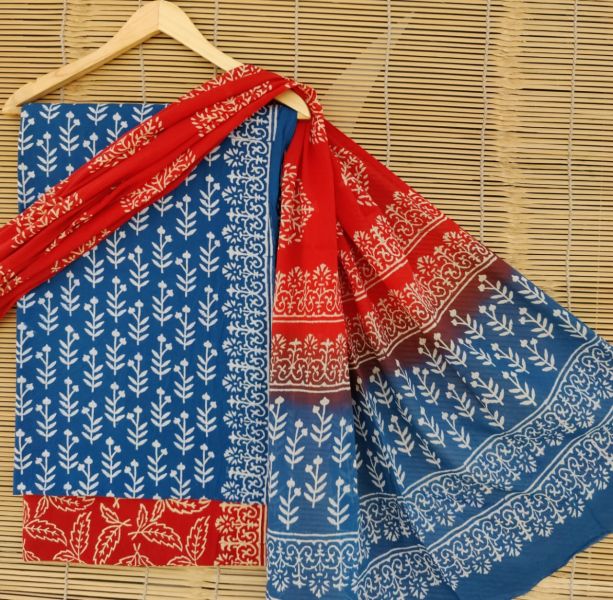 Red Blue White Hand Block Printed Cotton Suit And Pant And Dupatta