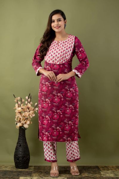 Magenta Printed Cotton Embroidery Kurti With Pant And Mulmul Dupatta