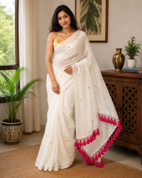 White Pure Handwoven Organic Cotton Saree From Bengal | Timeless Ethnic Fashion
