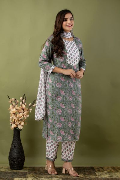 Grey White Printed Cotton Embroidery Kurti With Pant And Mulmul Dupatta