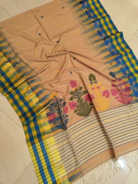 Beige Flower Design Pure Handloom Cotton Saree