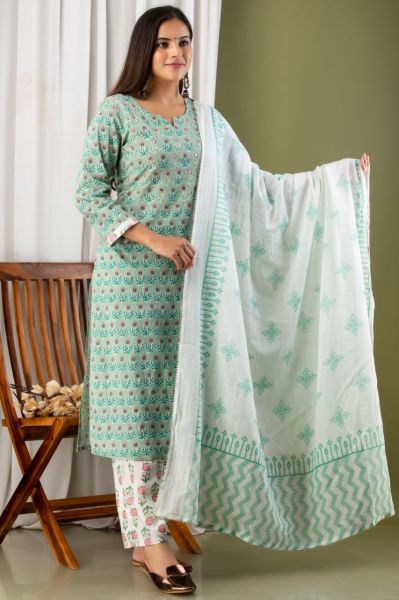 Sea Green Printed Cotton Embroidery Kurti With Pant And Mulmul Dupatta