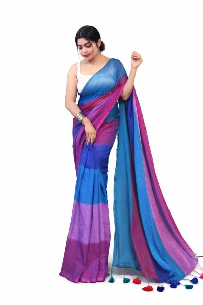 Blue Pink Pure Handloom Cotton Saree From Bengal