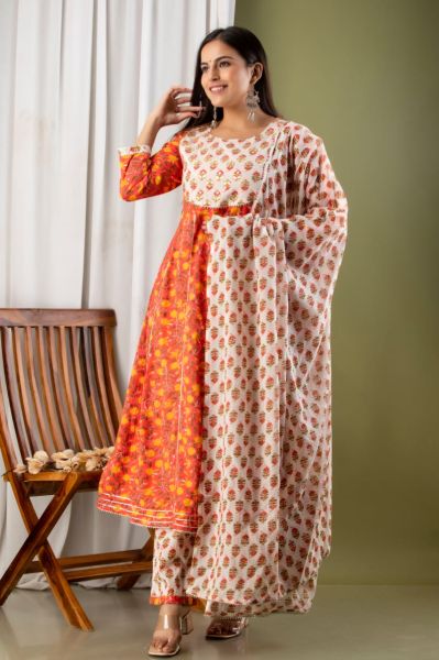 Orange White Printed Cotton Embroidery Kurti With Pant And Mulmul Dupatta