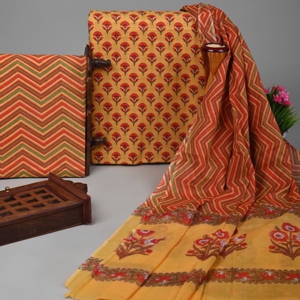 Brown Red Pure Handloom Suit With Cotton Dupatta