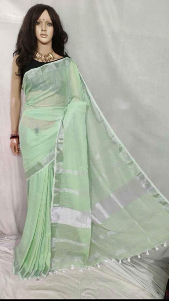 See Green Linen Cotton Saree From Bengal