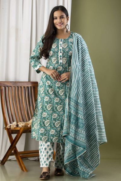 Sky Blue White Printed Cotton Embroidery Kurti With Pant And Mulmul Dupatta