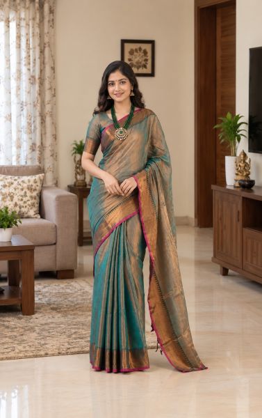Teal Green Pure Handloom Tissue Cotton Saree From Bengal