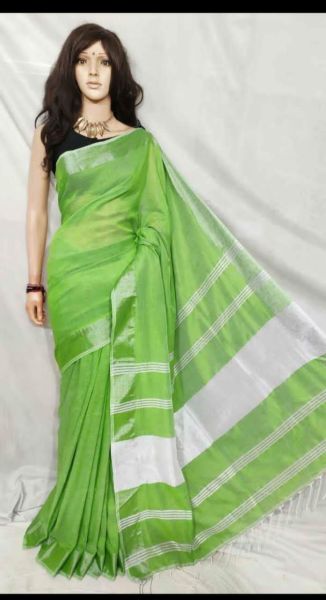 Parrot Green Linen Cotton Saree From Bengal