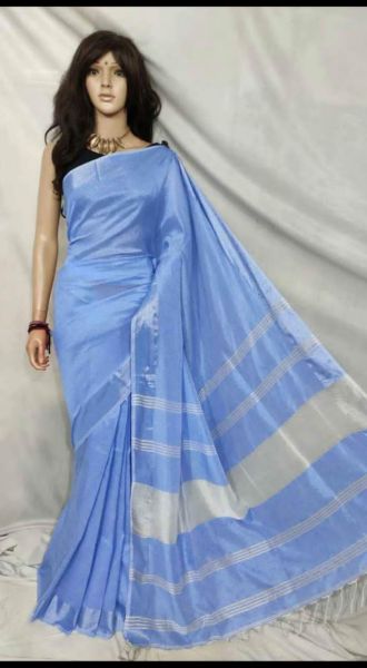 Sky Blue Linen Cotton Saree From Bengal