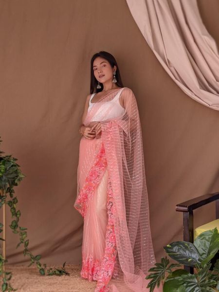 Baby Pink Sequence Lining Soft Super Net Saree