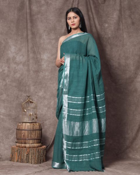 Dark Green Linen Saree Cotton From Bengal