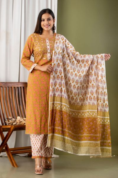 Biscuit Brown Printed Cotton Embroidery Kurti With Pant And Mulmul Dupatta