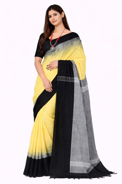 Yellow Black Pure Handloom Cotton Saree From Bengal