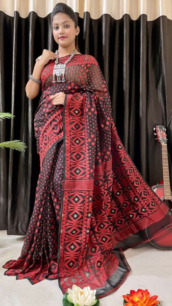Black And Red Hand Block printed Dhakai Jamdani saree From Bengal
