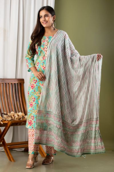 Sea Green Printed Cotton Embroidery Kurti With Pant And Mulmul Dupatta