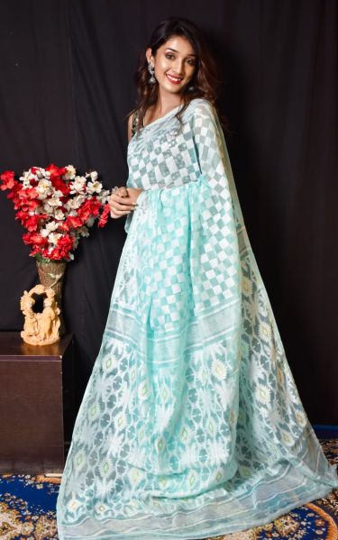 Sea Blue White Checks Pure Handloom Dhakai Jamdani Cotton Saree