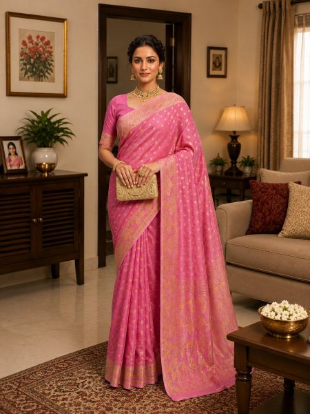 Onion Pink Pure Handloom Dhakai Jamdani Saree From Bengal
