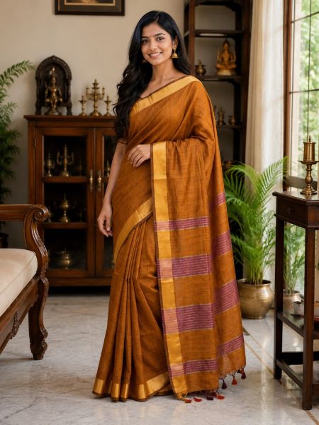 Mustard Yellow Pure Handloom Cotton Saree From Bengal