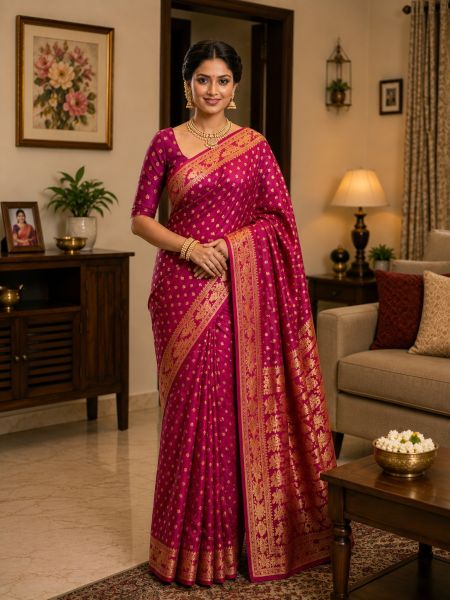 Magenta Pink Pure Handloom Dhakai Jamdani Saree From Bengal