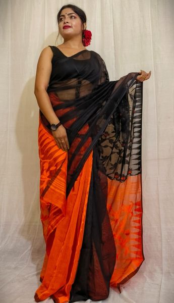 Black And Orange Jamdani Resham Saree From Bengal