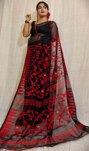 Black Jamdani Resham Saree From Bengal