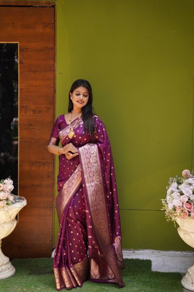 Magenta Katan Silk Body Butta Design Saree From Bengal