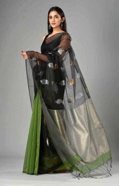 Black Olive Matka Muslin Saree From Bengal