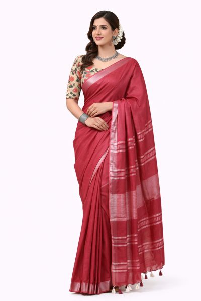 Premium Red Pure Linen Saree–Authentic Bihar Handloom