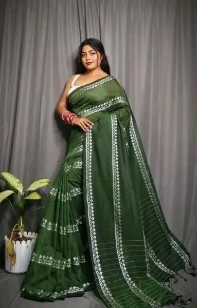 Green Pure Handloom Cotton Saree From Bengal