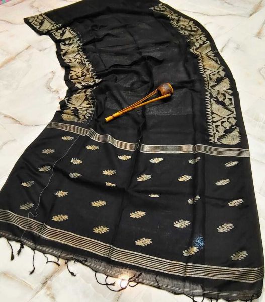 Black Butta Design Dhakai Jamdani Linen Organic Saree From Bengal