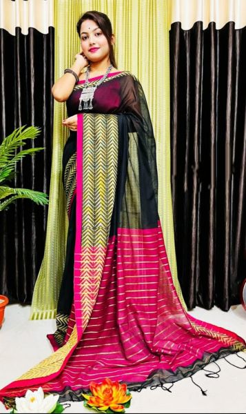 Black Pink Plain Body Zig Zag Border Cotton Saree