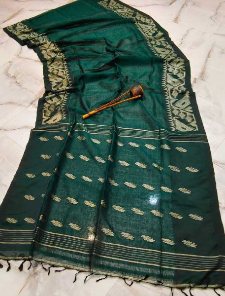 Aqua Green Dhakai Jamdani Linen Organic Saree From Bengal