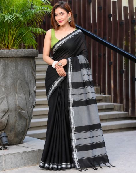 Black Organic Pure Handloom Cotton Saree From Bengal