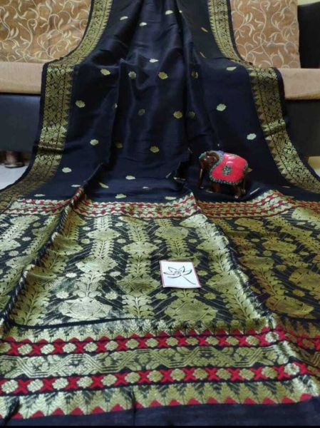 Black Butta Design Linen by Linen Organic Saree From Bengal