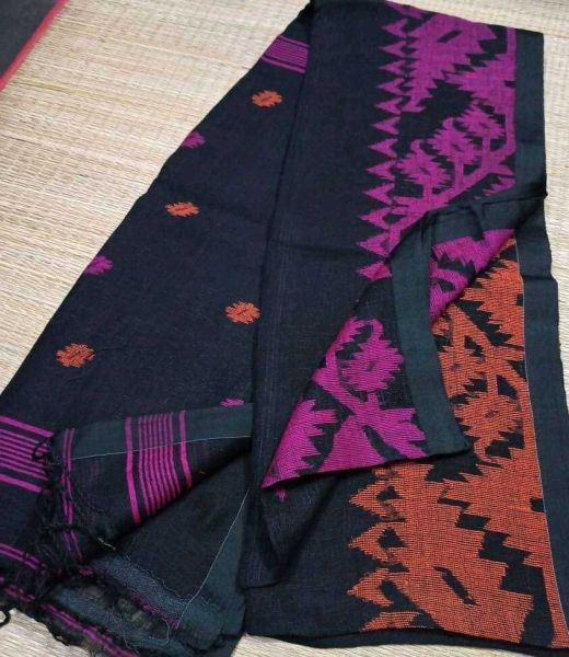 Black And Butta Pattern Dhakai Jamdani Linen Organic Saree From Bengal