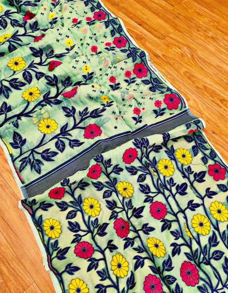Sea Green Flower Design Pure Handloom Dhakai Jamdani Saree